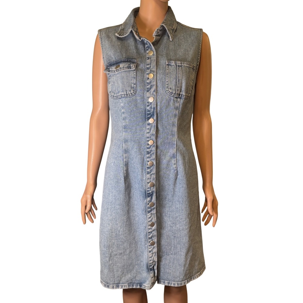 Newport News Jeanology Denim Sleeveless Button‎ Front Midi Dress 10 Vintage